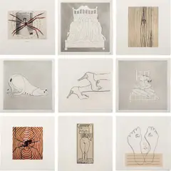 Louise Bourgeois, Metamorfosis (MoMA 490a-494a), 1999, The complete illustrated book including five drypoints with etching and aquatint, one with Chine collé, on Rives BFK paper, with full margins, the sheets loose (as issued), all contained in the original red satin-covered portfolio with yellow embroidery