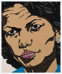 Condoleezza Rice, from When Ends Meet by Mickalene Thomas, 2007, Screenprint in colors with hand-applied rhinestones, on 4-ply museum board, with full margins, sold Apr 2021