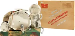 Claes Oldenburg, Miniature Soft Drum Set (S. 1969.06, P. 12, A. & P. 61), 1969, The rare complete set of the screenprint on canvas, wash-line, wood and spray painted multiple, with accompanying screenprinted wove paper-covered wood base (as issued), with accompanying title page and plastic snap button bag, all contained in the original plywood dovetail presentation box with printed artist's name, title and publisher