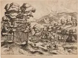 the Elder Pieter Bruegel, Nundinae Rusticorum (Rustic Market), from The Large Landscapes (H. 13, vB. 13, L. 8, R. 28, O. 59), 1555-57, Engraving and etching, on laid paper, with small to thread margins, by Johannes and Lucas Doetecum (active 1551-1569)