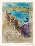 Les Jeunes gens de Méthymne (The Young Men of Methymn), plate 18 from Daphnis et Chloé (M. 324, see C. 46) by Marc Chagall, 1961, Lithograph in colors, on Arches wove paper, with full margins, sold Apr 2021