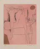 Giocolieri (Jugglers), plate VIII from Tout près de Marino (Everything Near to Marini) (G. A138) by Marino Marini, 1971, Etching and aquatint in colors, on Arches paper, with full margins, sold Apr 2021
