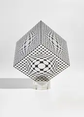 Véga Cox Négatif by Victor Vasarely, 1970, Screenprint, on anodized aluminum cube, with the original acrylic base, sold Apr 2021