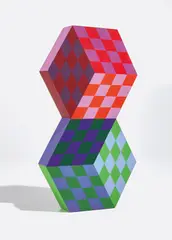 Tridim-bm: one part by Victor Vasarely, 1988, Wood multiple hand-painted with acrylic in colors on both sides, sold Apr 2021