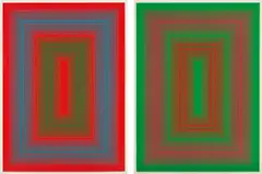 Richard Anuszkiewicz, Reflections II - Red Line; and Reflections II - Green Line, 1979, Two hand-painted screenprints in colors, on Masonite,