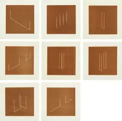 Fred Sandback, Mappe mit 10 Umkehrlithographien (Portfolio with 10 Reverse Lithographs): eight plates (J. 62-7, 69-70), 1977, Eight lithographs in brown, on Japan paper, with full margins, lacking plates 7 and 10
