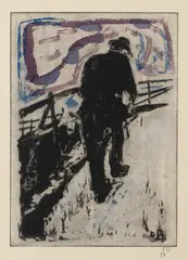 Billy Childish, Man Walking Up a Snowy Slope, 2010, Etching with hand-coloring, on Somerset paper, with full margins, with accompanying linocut with letterpress poem with artist's stamp