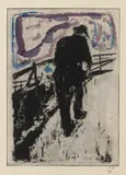 Billy Childish, Man Walking Up a Snowy Slope, 2010, Etching with hand-coloring, on Somerset paper, with full margins, with accompanying linocut with letterpress poem with artist's stamp