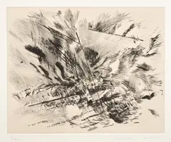 Untitled (Grey Area) by Julie Mehretu, 2009, Drypoint, with Chine collé to Somerset paper, with full margins, contained in the original charcoal card folder with pri, sold Apr 2021