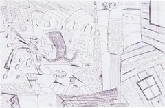 Carroll Dunham, (Untitled) ink drawing, 2002, Ink drawing in purple ball-point pen on the reverse of hotel stationary