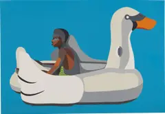 Boy on Swan Float by Derrick Adams, 2020, Woodcut and screenprint with fabric and collage in colors, on wove paper, the full sheet, sold Apr 2021