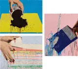 Marilyn Minter, Hands Dumping; Hands Washing; and Hands Folding (L. P. pp. 150-151, pl. 51, 52, 53), 1989, Three screenprints in colors, on aluminum panel mounted to metal strainer (as issued), the full sheets