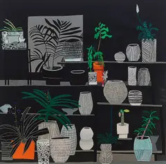 Black Still Life by Jonas Wood, 2013, 100% silk scarf with hand-sewn hems with accompanying archival tissue envelope, sold Apr 2021