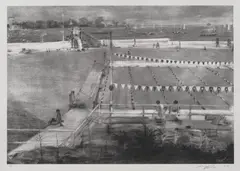 Westchester County Country Club pool with view of Richard Buckminster Fuller Aquatic Dome House of Victor Bloom - scene in the foreground in the Pool receiving fellatio from an un-named woman by Angela Dufresne, 2007, Screenprint in colors with applied graphite, on wove paper, with full margins, sold Apr 2021