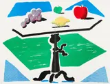 David Hockney, Apples, Grapes and Lemon on a Table, from Brooklyn Academy of Music Portfolio II, 1988-1989, Photolithographic print in colors executed on an office copy machine, on two sheets of Arches Text laid paper (as issued), the full sheets