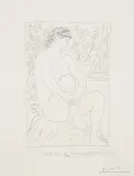 Pablo Picasso, Femme nue assise devant un rideau (Naked Woman Sitting in Front of a Curtain), plate 4 from La Suite Vollard (Bl. 137, Ba. 202), 1931, Etching, on Montval laid paper watermark Vollard, with full margins