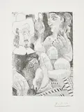 Pablo Picasso, Femme à sa toilette et homme au chapeau Rembranesque (Woman at Her Dressing Table and Man in a Rembrandtesque Hat), plate 258 from 347 Series (Bl. 1738, Ba. 1755), 1968, Etching, on Rives BFK paper, with full margins