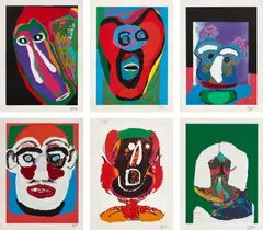 Bedized Pudding Canadian Suite by Karel Appel, 1979, The complete set of six mixed media prints in colors with embossing, on Arches paper, with full margins, with title page, sold Oct 2021