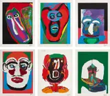 Karel Appel, Bedized Pudding Canadian Suite, 1979, The complete set of six mixed media prints in colors with embossing, on Arches paper, with full margins, with title page, all contained in the original blue fabric-covered portfolio