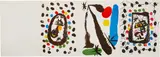 Dibujos y Litografias, Camilo José Cela: Joan Miró (Drawings and Lithographs, Camilo José Cela: Joan Miró) (C. bks 56) by Joan Miró, 1959, Three llithographs in colors, on one sheet of wove paper, the full sheet, folded (as issued), with accompanying unbound , sold Oct 2021