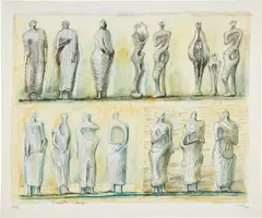 Standing Figures (C. 9) by Henry Moore, 1949, Colograph in colors, on English cartridge paper, with full margins, sold Oct 2021