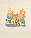 Henry Moore, Shelter Sketchbook (Two Seated Women) (C. 85), 1967, The complete set of 80 facsimile collotypes and one original lithograph in colors, on Japon nacré, with title, justification and text in English by Henry Moore, all contained in the original crimson cloth-covered portfolio