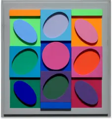 Sellem positif by Victor Vasarely, 1967, Painted wood relief multiple in colors, sold Oct 2021