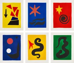 Fêtes (Holidays) by Alexander Calder, 1971, The complete set of seven etchings plus the cover in colors, on Arches paper, loose and folded (as issued), with title p, sold Oct 2021