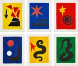 Alexander Calder, Fêtes (Holidays), 1971, The complete set of seven etchings plus the cover in colors, on Arches paper, loose and folded (as issued), with title page and text by Jacques Prèvert, contained in the original red linen-covered portfolio