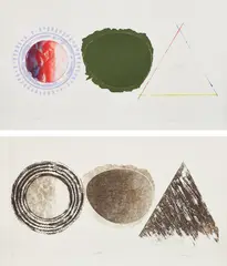 Swing Screen; and Swing Screen (second state) (S. 1979.44, G. 170-17A) by James Rosenquist, 1979, Two etching and aquatints, one with pochoir and hand-coloring, on Pescia Italia paper, with full margins, sold Oct 2021