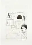 David Hockney, Illustrations for 14 Poems by C.P. Cavafy (S.A.C. 47-59, M.C.A.T. 47-59), 1967, Book of 12 etchings with aquatint, on wove paper, with full margins, with title-page, text and justification, bound (as issued) in the original purple cotton silk covers, with the accompanying signed and dated etching Portrait of Cavafy II loose (as issued), all contained in the original black cotton silk covered slipcase