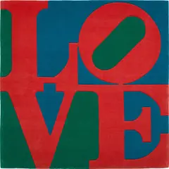 Classic Love by Robert Indiana, 1995, Skein dyed, hand carved and hand tufted archival New Zealand woolen rug, on stretched canvas with natural latex backing,, sold Oct 2021