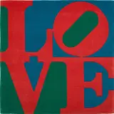 Robert Indiana, Classic Love, 1995, Skein dyed, hand carved and hand tufted archival New Zealand woolen rug, on stretched canvas with natural latex backing, lacking signed label on the reverse