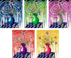 Flores portfolio by Kenny Scharf, 2020, The complete set of five archival pigment prints with screenprinted high gloss varnish and diamond dust in colors, on In, sold Oct 2021