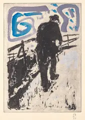 Billy Childish, Man Walking Up A Snowy Slope, 2010, Etching with hand-coloring, on Somerset paper, with full margins, with accompanying linocut with letterpress poem with artist's stamp