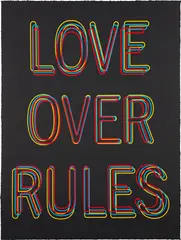 Love Over Rules by Hank Willis Thomas, 2020, Screenprint in colors, on black wove paper, the full sheet, sold Oct 2021