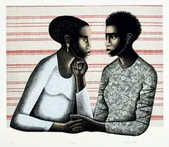 Gossip by Elizabeth Catlett, 2005, Giclée print and lithograph in colors, on Somerset paper, with full margins, sold Oct 2021