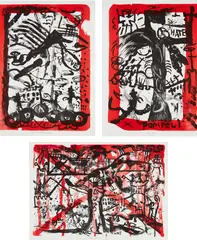 Der goldene Hades I-V by Jonathan Meese, 2005, The complete set of three lithographs in colors, on Rives BFK paper, the full sheets and with full margins, lacking the , sold Oct 2021