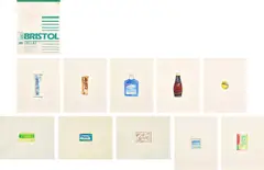 Tony Oursler, Untitled (Vaseline); Untitled (Nytol); Untitled (Alpine White); Untitled (Noxema); Untitled (Scuf Magic); Untitled (Carmex); Untitled (Vivarin); Untitled (Lubrin); Untitled (Mars Bar); and Untitled (Unisom Sleep Gel), 1994, Ten gouache paintings with graphite on Bristol wove paper