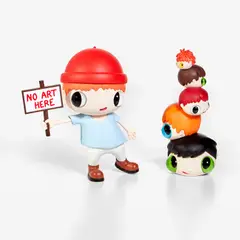 Javier Calleja, No Art Here; and Heads, 2020, Two PVC and glass multiples, both contained within their original boxes