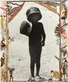 Peter Beard, Ferguson’s Gulf, Lake Rudolf, Turkana, 1964-1965, Gelatin silver print with ink, affixed gelatin silver print, magazine clipping, leaves, insect wings and watercolor drawings by the Hog Ranch Art Department, executed 2006