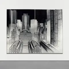 Vera Lutter, View of Plaza, Rockefeller Center, 30 Rockefeller Plaza, New York, II: December 3, 1997, Unique gelatin silver print diptych, mounted to linen