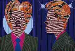Jeff Sonhouse, Inauguration of the Solicitor, 2005, acrylic, oil, matches, match striker pads and paper on wood, diptych