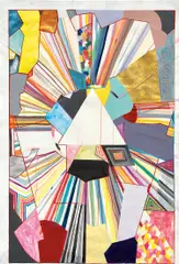 Sarah Cain, Triangle for R.J.M., 2009, feathers, acrylic, gold, silver and bronze leaf, ribbon, gouache, string, gel medium and watercolor on paper