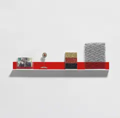 Josephine Meckseper, Shelf #16, 2001, chromogenic print in Plexiglas case, found jewelry on metal stand, glitter on canvas, lace fabric in Plexiglass case on acrylic shelf