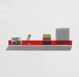 Josephine Meckseper, Shelf #16, 2001, chromogenic print in Plexiglas case, found jewelry on metal stand, glitter on canvas, lace fabric in Plexiglass case on acrylic shelf