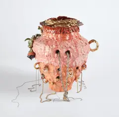 Ceramic Vase by Nicole Cherubini, 2005-2006, ceramic vase with jewelry chains, rings and Lucite, offered Mar 2020