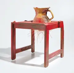 Red Wicker by Jessica Jackson Hutchins, 2009, spray paint on wooden chair, wool and ceramic, offered Mar 2020