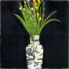 Donald Sultan, Gladiolas in a Chinese Vase Nov 9 1989, 1989, tar, spackle and oil on tile over Masonite, in 4 parts