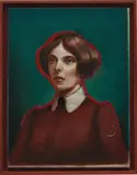 Titus Kaphar, Untitled (red thread lady), 2013-2018, oil on canvas with red thread and hooked needle, in artist's frame